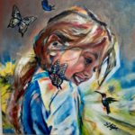 Commission of a young girl with butterflies and hummingbirds by Sara Leger