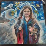 Commission by Sara Leger of a young girl wizard at Harry Potter world