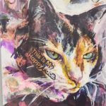 A pet portrait by award winning artists Sara Leger of a snarky looking calico cat named Heidi