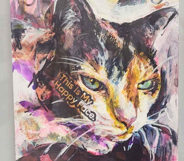 A pet portrait by award winning artists Sara Leger of a snarky looking calico cat named Heidi