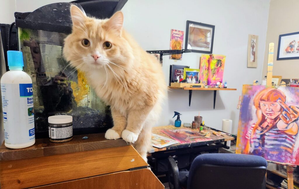 Pimento the cat in Sara leger Home office, art studio
