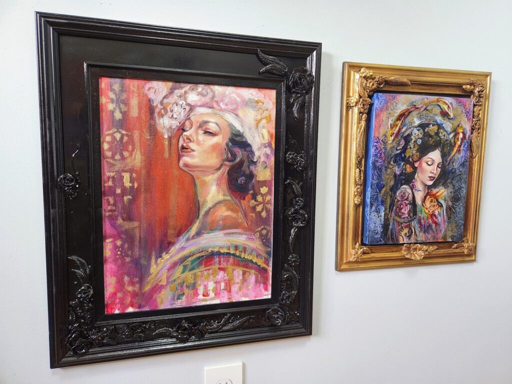 Two original paintings with hand made frames by Sara Leger at Cherry Bomb Studio Gallery in Lancaster ontario.