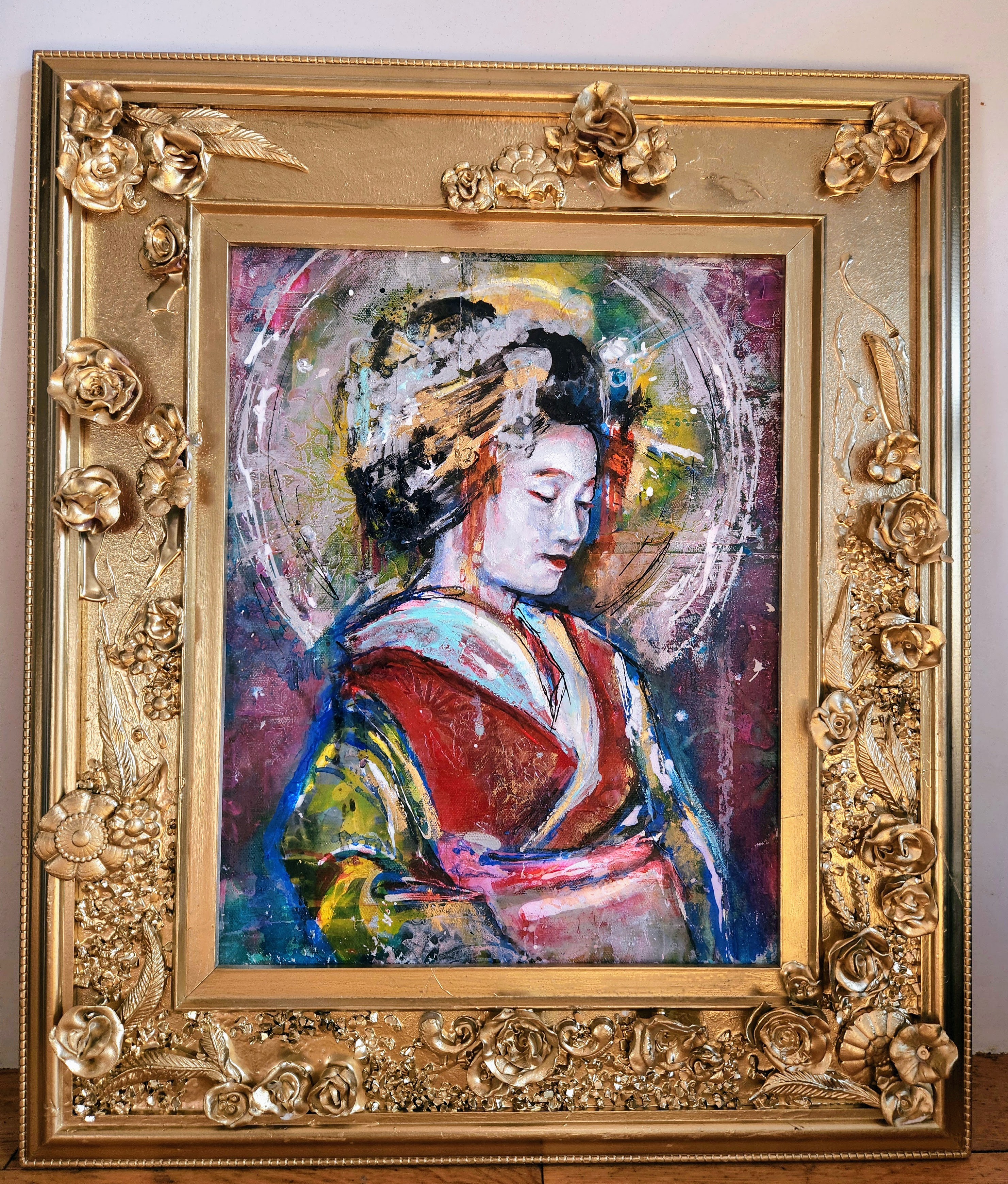 Oil on board of a Tayu painted by Sara Leger in a hand sculpted goldframe 