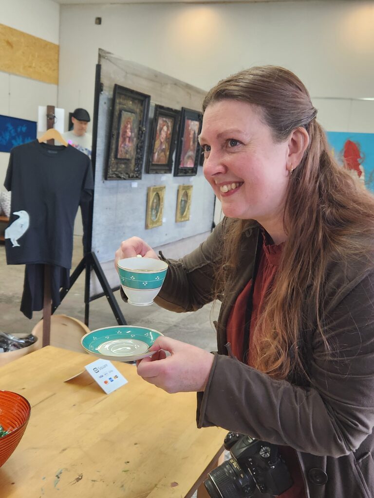 Artists drinking tea at Open Studio Event at Cherry Bomb Studio