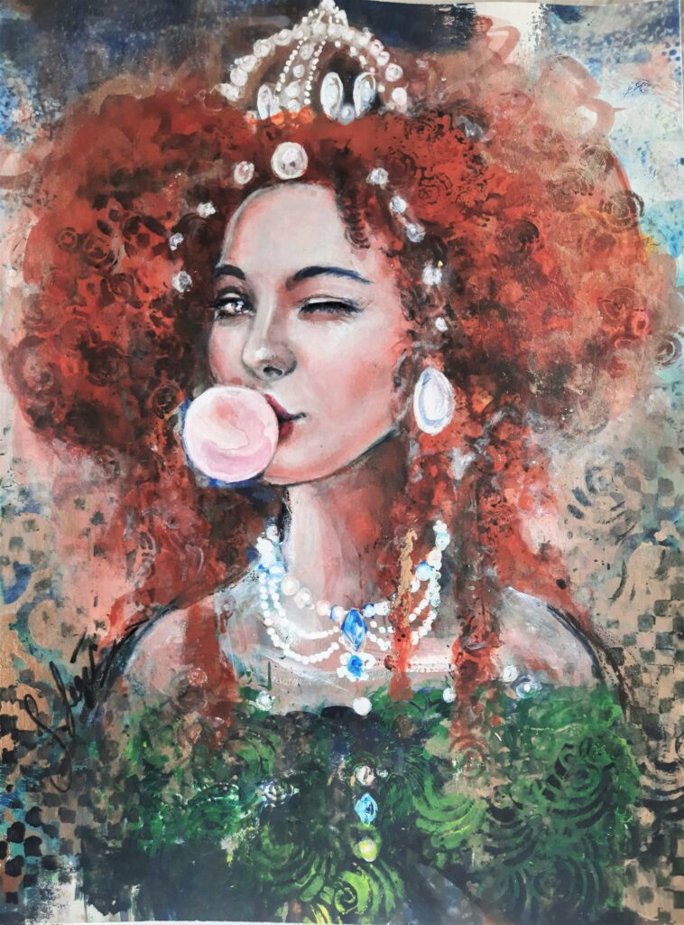 Bubblegum badass art by Sara Leger. A red headed queen blowing bubblegum mixed media