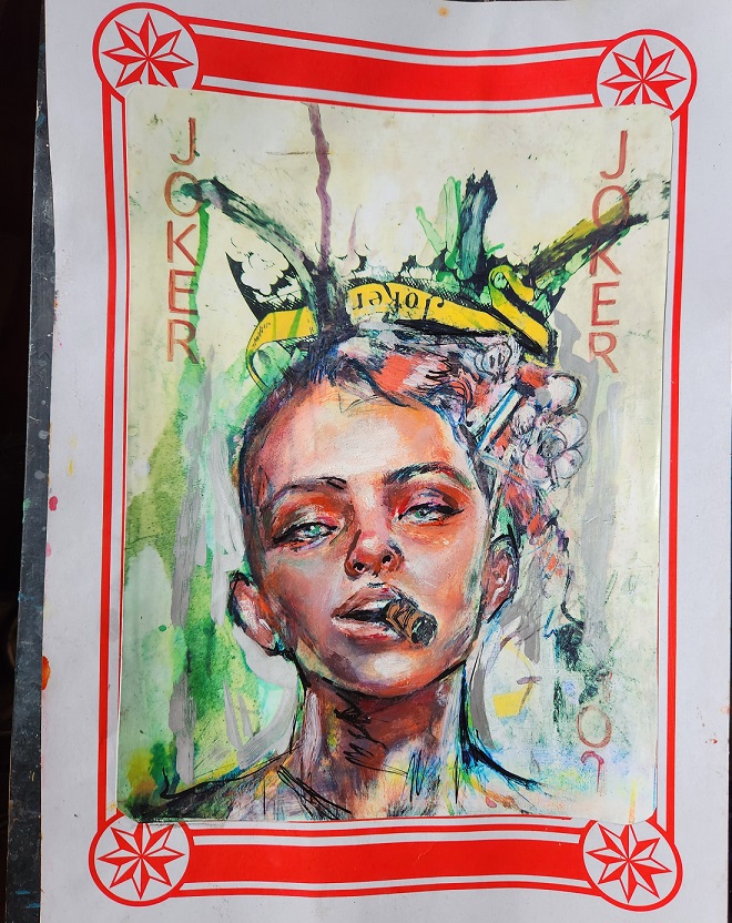 Painting By Sara Leger of a punk girl wearing a crown and a cigar in her mouth