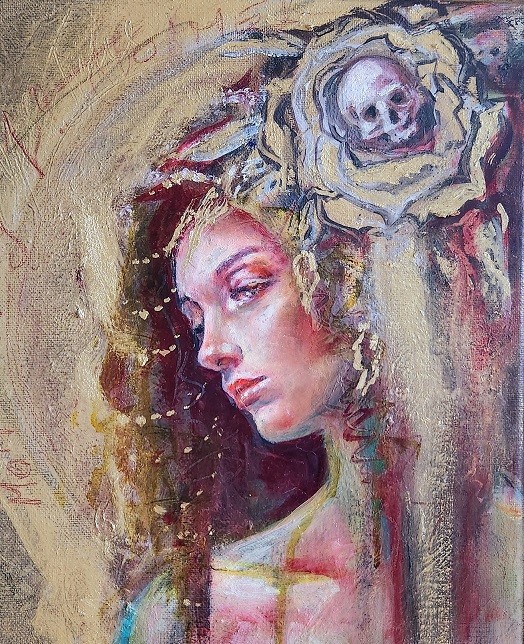 close up on an oil painting by Sarar legr of a goddess with a skull and rose in her hair