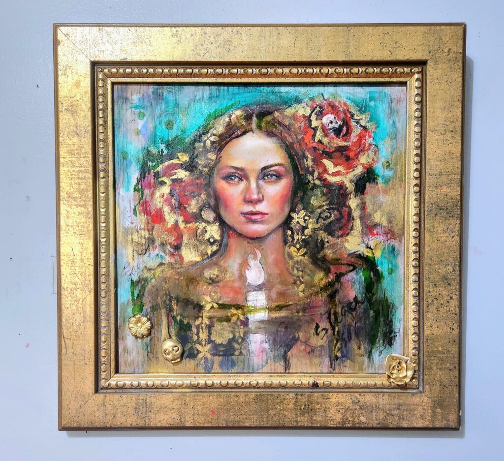Symbolic portrait with candle-heart flame—This Little Light of Mine by Sara Léger, a powerful statement on inner strength and feminine fire.