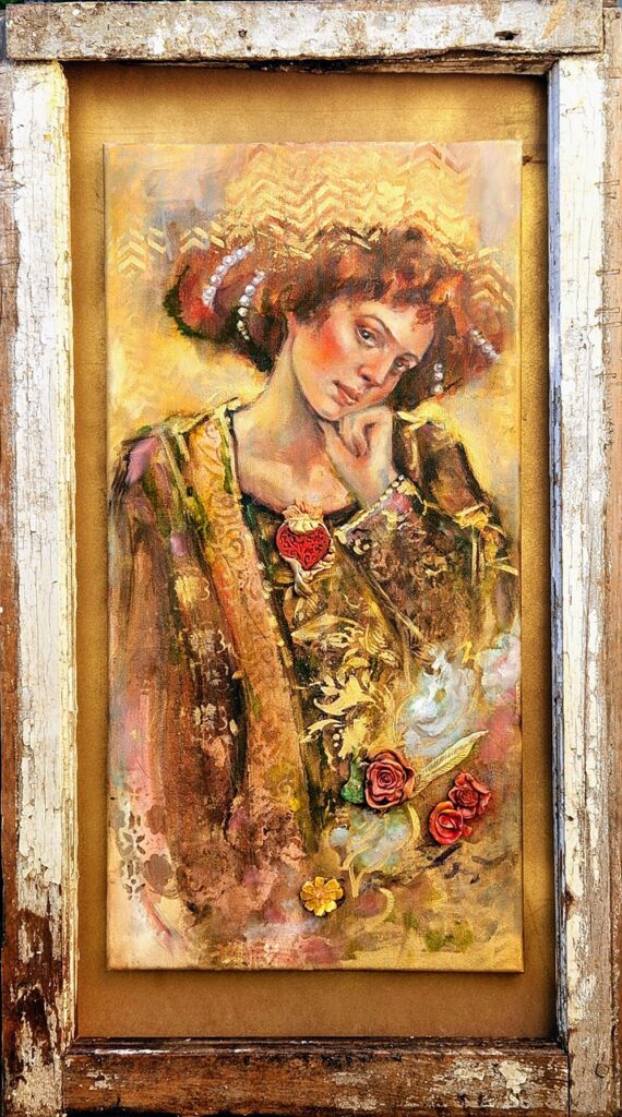 Sacred heart Painting in one hundred year old frame by Canadian Contemporary artist Sara leger
