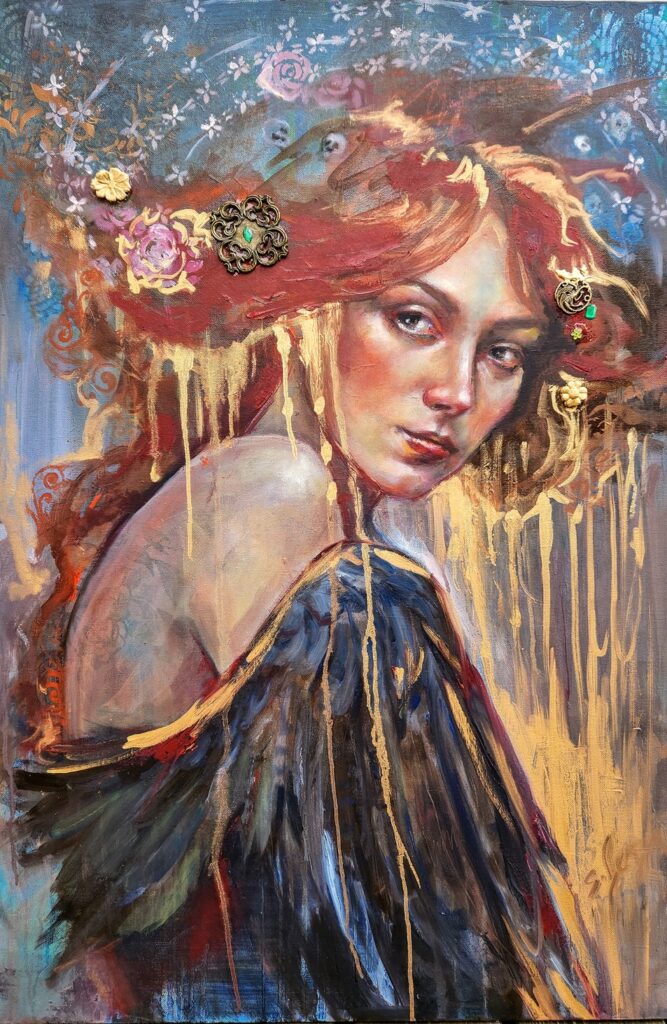 A New Era of Me oil painting by Canadian artist Sara Léger—figurative art with sculpted frame, wings, and floral details. Capturing strength in transformation.