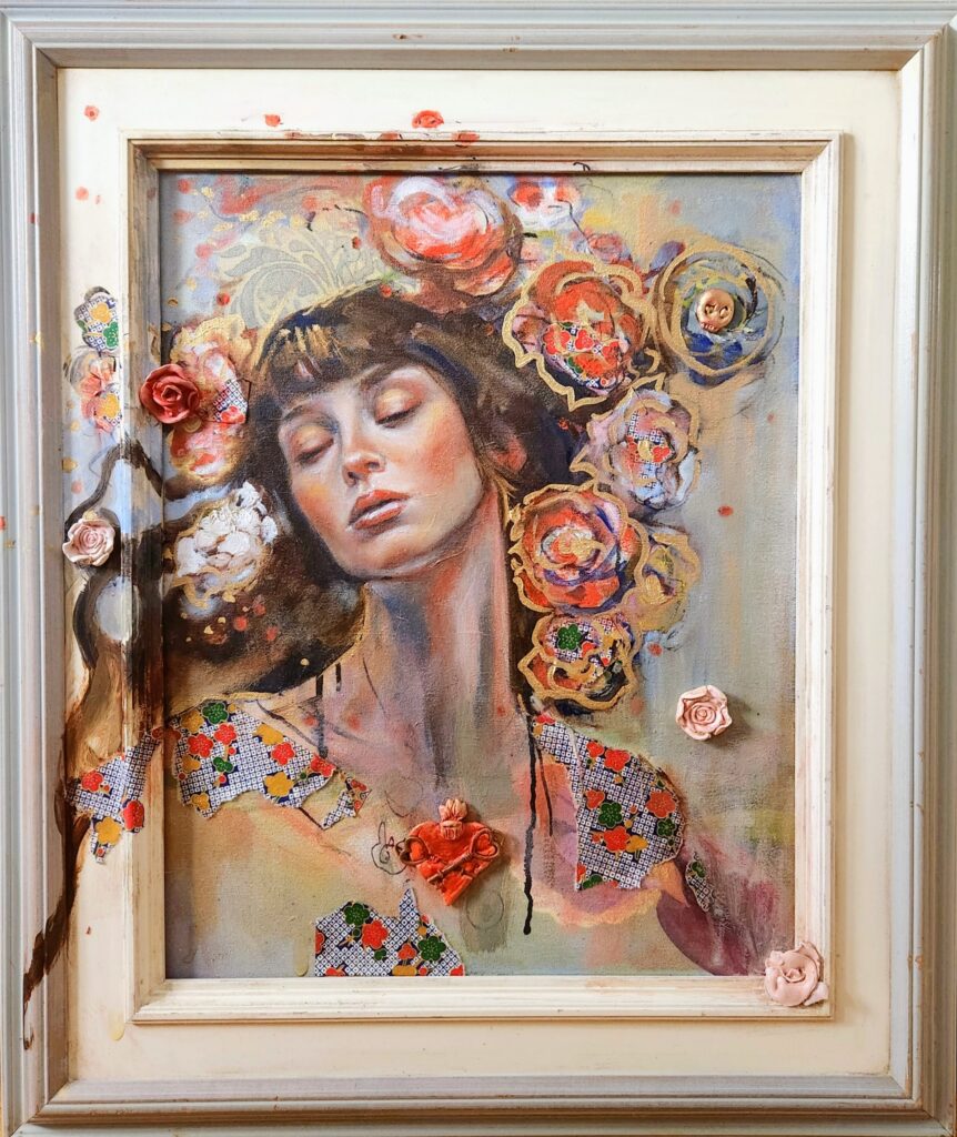 Shadow Play figurative painting by Canadian artist Sara Léger—featuring flowers, sculptural framing, and Japanese paper collage.