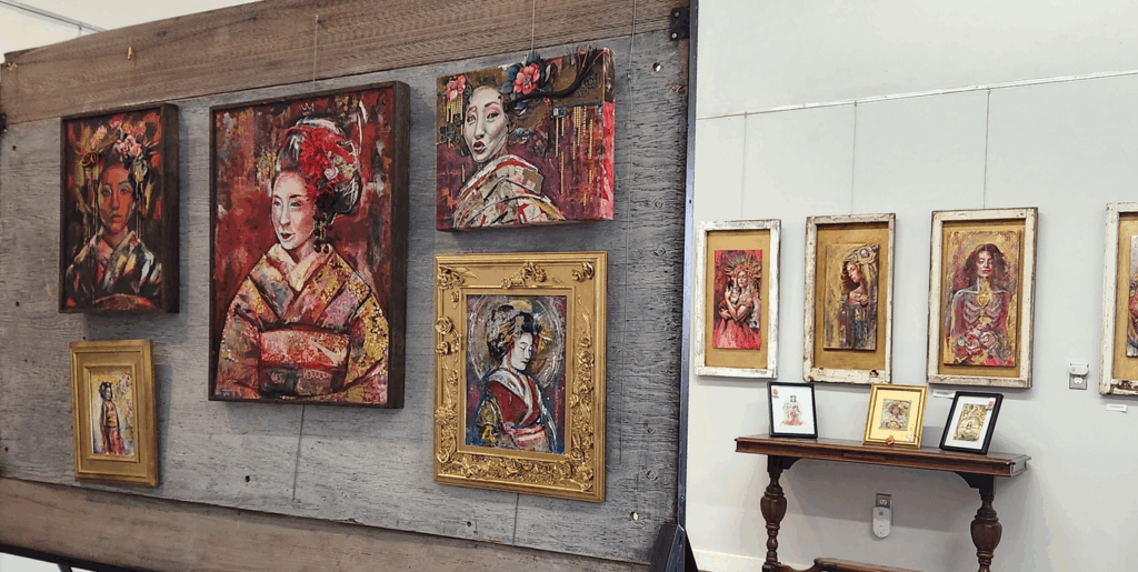 Studio wall with bold figurative paintings by Canadian artist Sara Léger, including Sacred Heart and Geisha works