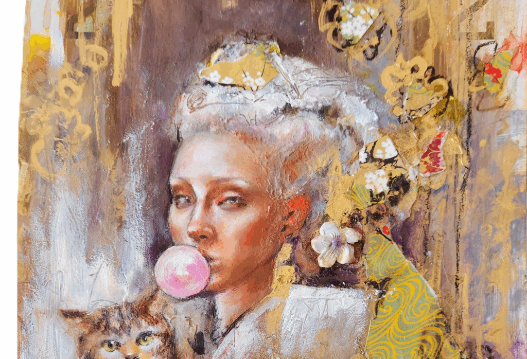 Contemporary figurative painting of a modern queen blowing bubble gum – bold, rebellious artwork by Canadian artist Sara Leger.