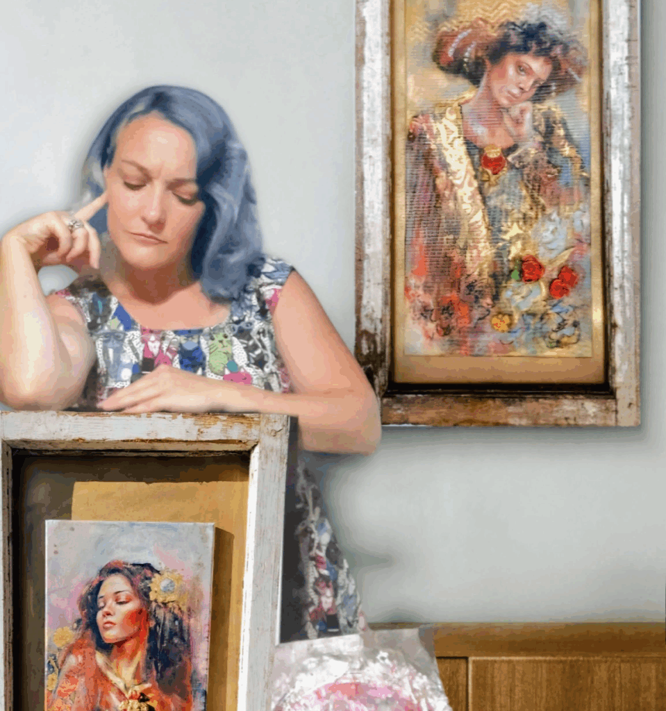 Sara Leger, Canadian contemporary artist, standing with two Sacred Heart series paintings, deciding between bold figurative artworks in reclaimed antique window frames.