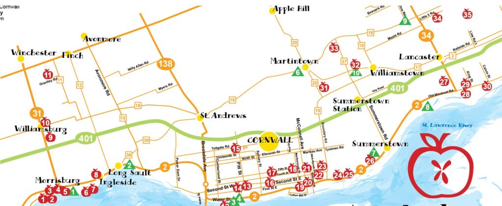 Cropped map with Lancaster Village and South Lancaster showing key artist studio locations for Apples & Arts Studio Tour visitors.