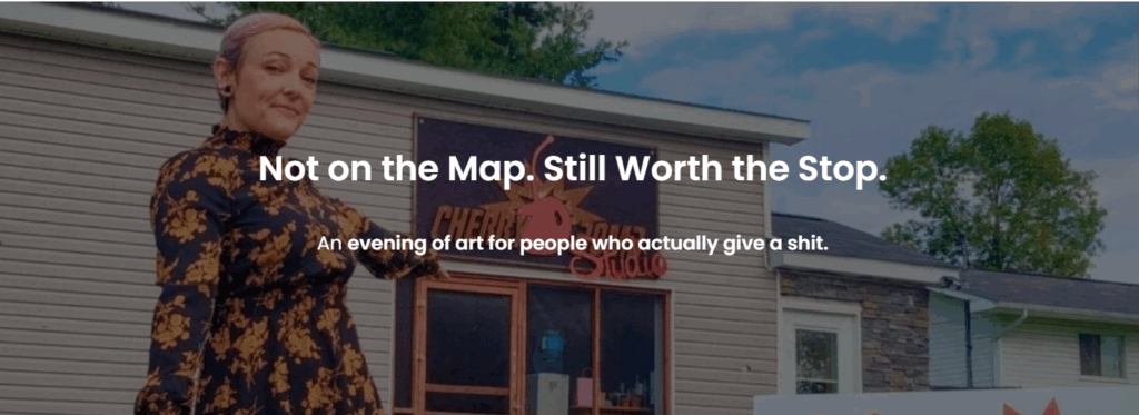 Sara leger infront of her art studio with the words for an evening of art for people who give a shit