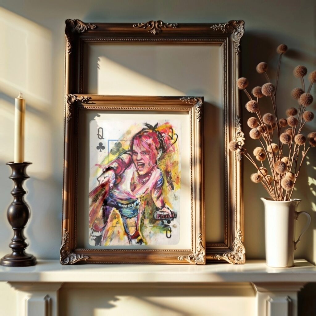 Portrait of a woman with pink hair holding and a punk-influenced expression, painted with layered brushstrokes
