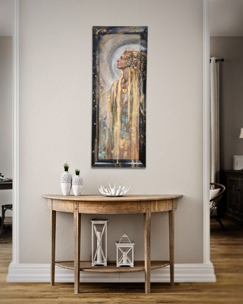 Oil portrait of a woman in profile dripping with gold in a frame that has been painted intricatly