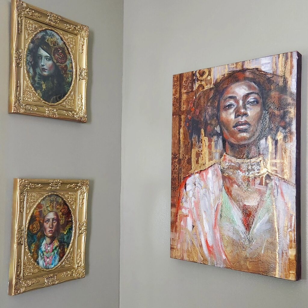 three oil paintings by Sara Leger all of powerful women