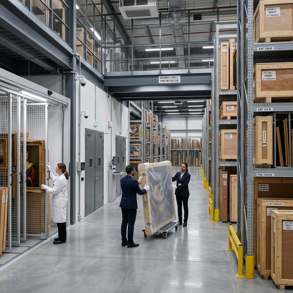 Two men moving wrapped paintings on a dolly inside a fine art storage facility with shelves and crates