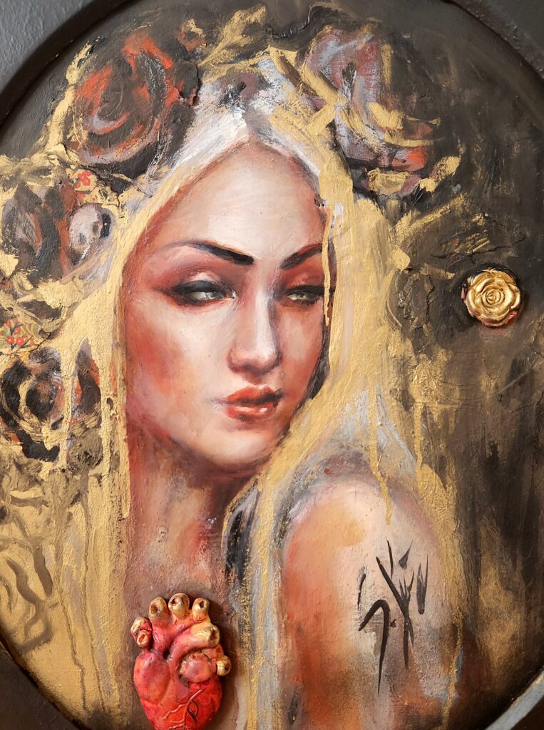 Detail of Drop Dead Cynical, an original figurative painting by Canadian artist Sara Leger