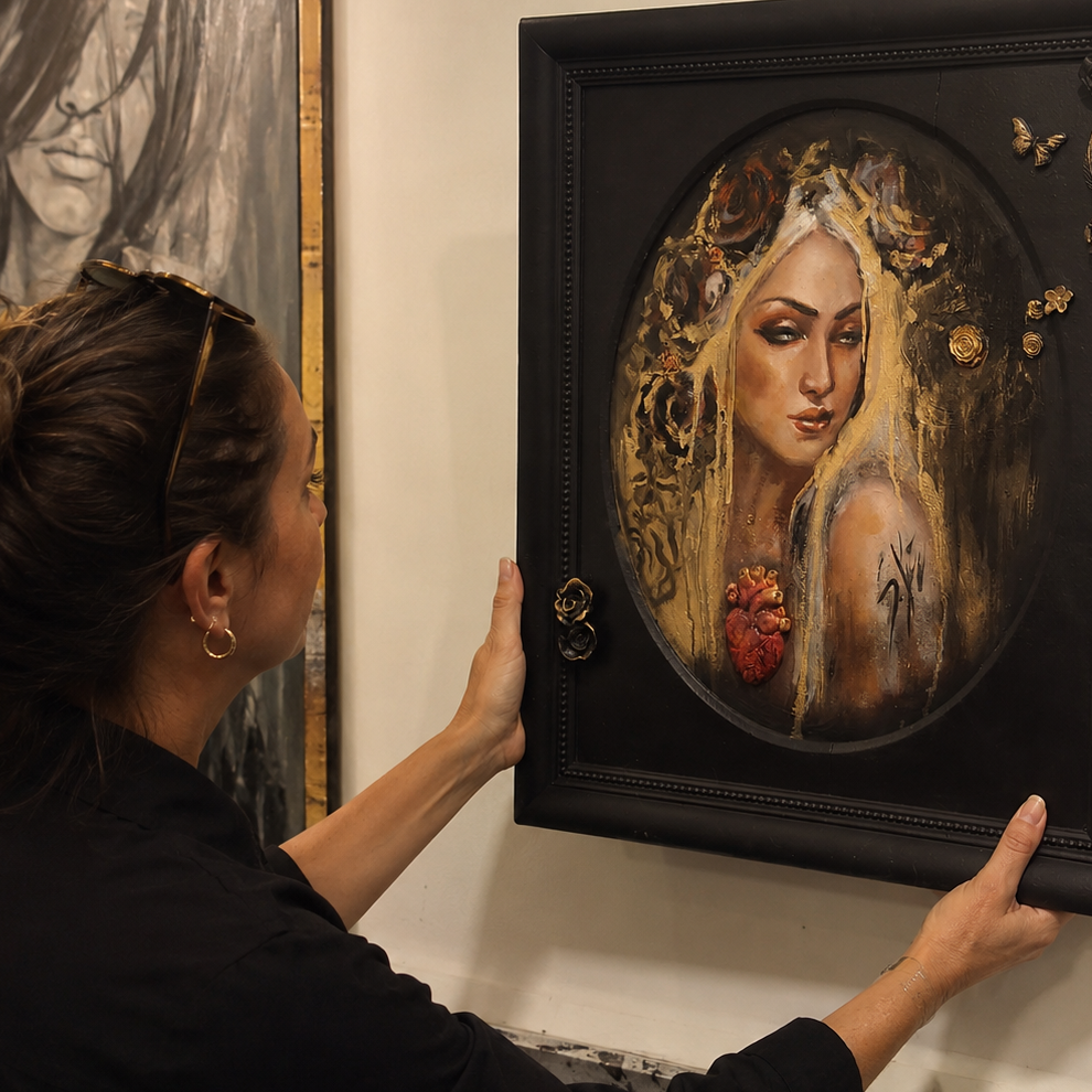 Sold Sara Leger original Bougie Punk figurative painting displayed in a gallery, contemporary Canadian art with Sacred Heart and mixed-media details.