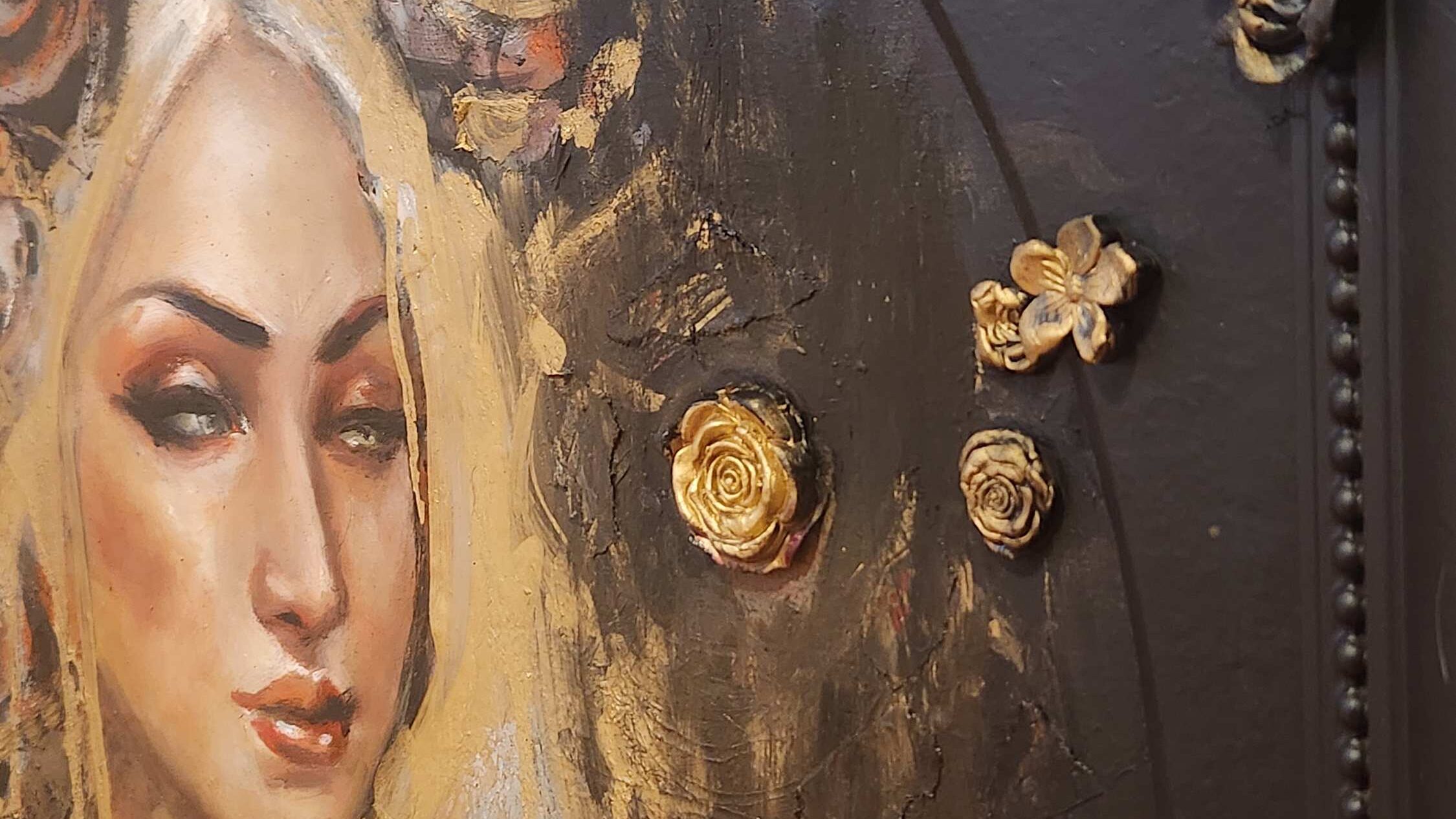 Detail of Drop Dead Cynical showing Sara Leger’s hand-sculpted mixed-media frame