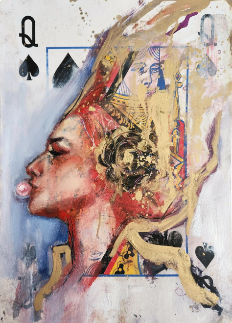 Bougie Punk oil painting on playing card by Contemporary artist Sara Leger, Headstrong