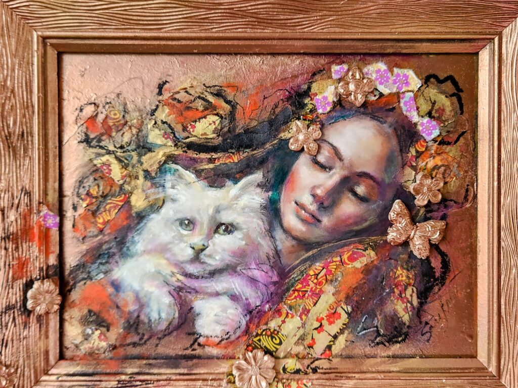 Original oil painting by Canadian artist Sara Leger in an ornate black and gold frame.