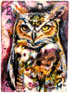 Original mixed-media Sassy Bird artwork by Canadian contemporary artist Sara Leger. WE dont hug owl