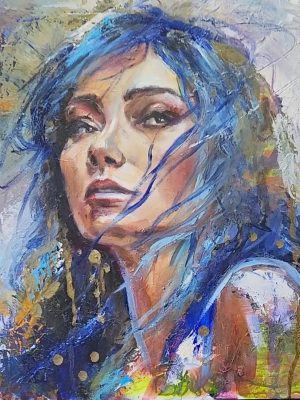 Powerful Feminine Portrait in Blue and Orange oil painting by Sara Leger