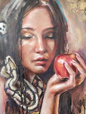 Woman holding an apple with a snake wrapped around her neck. Oil painting by Sara leger