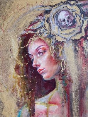 close up on an oil painting by Sarar legr of a goddess with a skull and rose in her hair