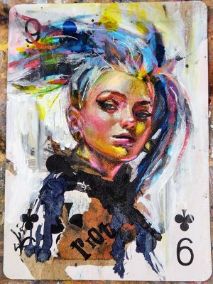 Mixed media painting by Sara leger of a girl with a blue mohawk with the word RIOT