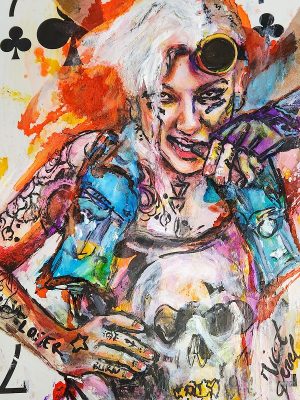 A punk girl with tattoos and a cigar mixed media painting on playing card by Sara Leger.