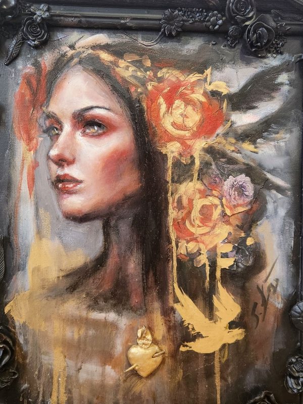 She Talks To Angels fine art oild painting in handsculpted frame by Canadian artists Sara Leger