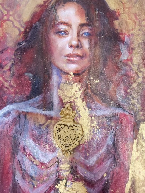 Sacred Heart detail by Sara Léger—sculpted heart with dark red and burgundy flowers in textured oil painting.